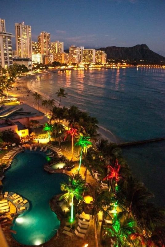 Aloha Friday Photo: Waikiki Beach with Palm Trees in Christmas Colors