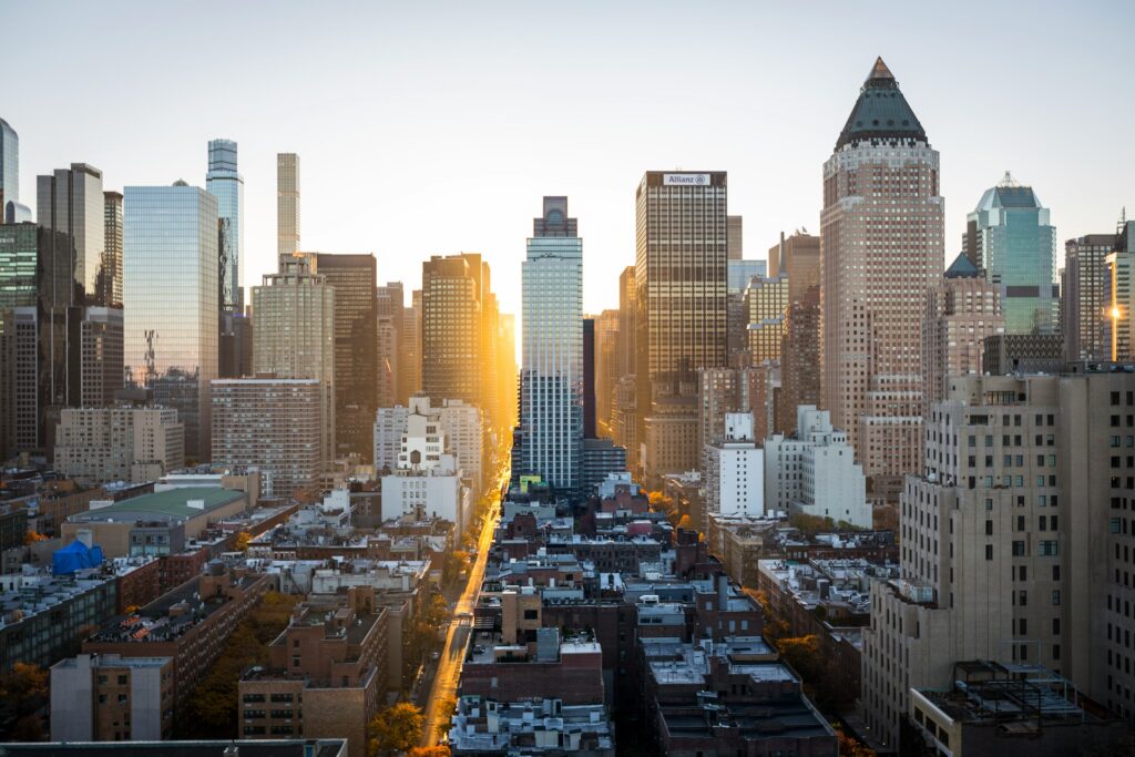Sunrise over high rise buildings in Manhattan