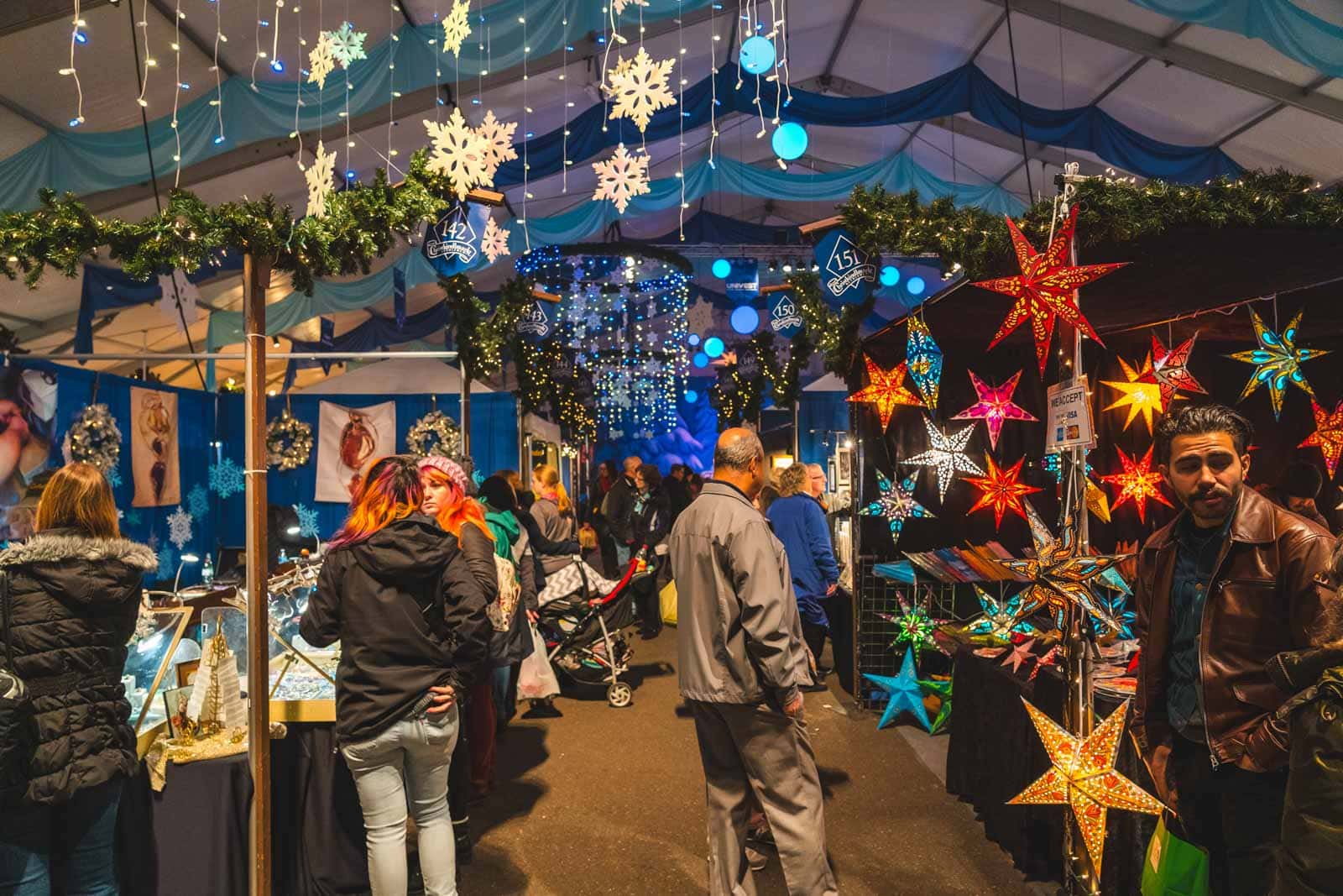 Shoppers browse the festive wooden stalls at the Christkindlmarkt in Bethlehem, Pennsylvania, known as Christmas City USA.