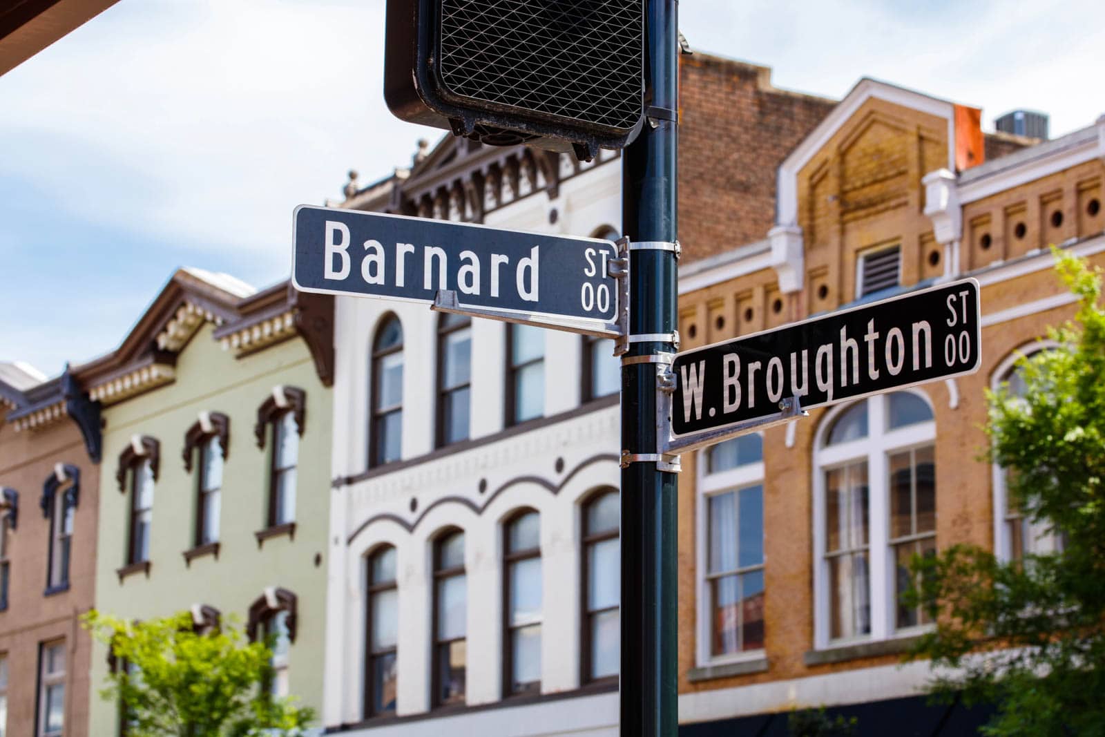 A view of the Barnard Street sign in downtown Savannah, Georgia